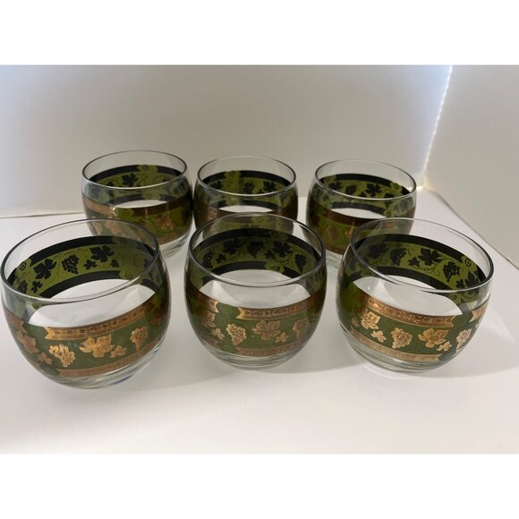 Vintage Cera Glass 1960”s  Golden Grapes Green Roly Poly 22K  Gold Leaf Barware - Picture 6 of 8